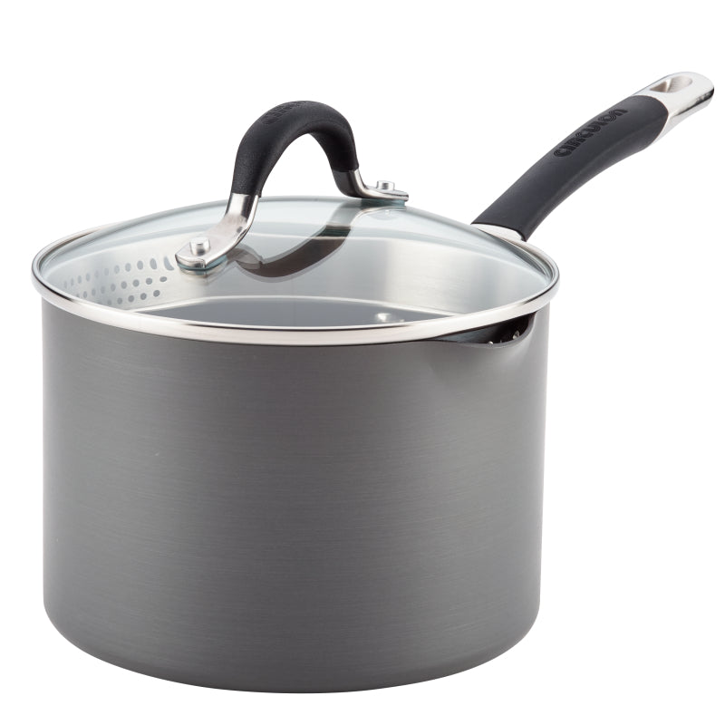 Circulon Momentum Hard-Anodized Nonstick Covered Straining Saucepan, 3-Quart, Gray