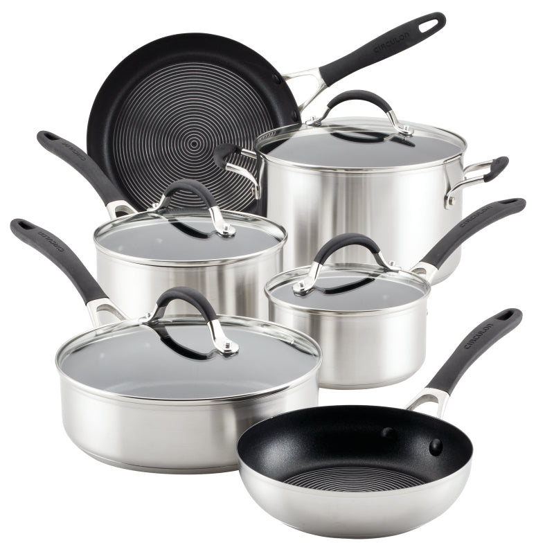 Circulon Stainless Steel Induction Cookware Set with SteelShield Hybrid Stainless and Nonstick Technology, 10-Piece, Silver