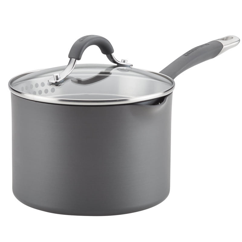 Circulon Radiance Hard-Anodized Nonstick Sauce Pan with Straining Lid, 3-Quart, Gray