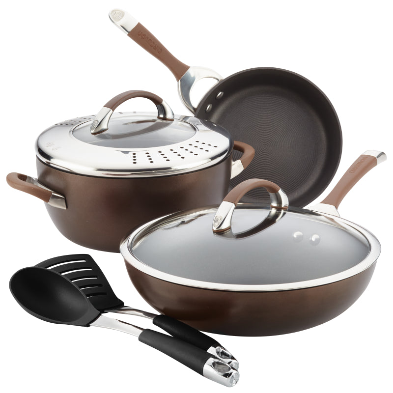 Circulon Symmetry Hard-Anodized Nonstick Cookware Induction Pots and Pans Set with Recipe Booklet and Utensils, 8-Piece, Chocolate