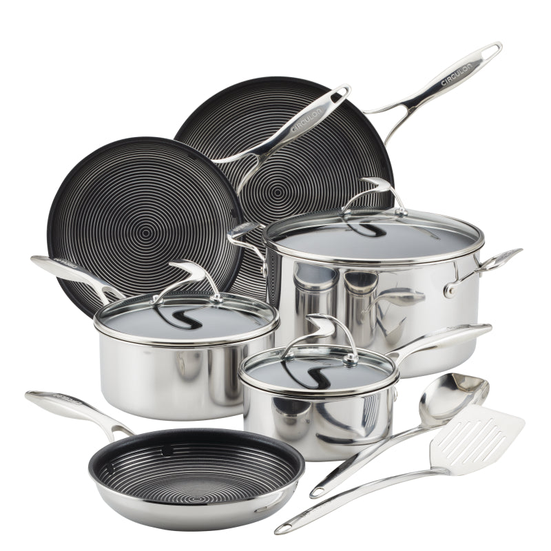 Circulon Clad Stainless Steel Induction Cookware and Utensil Set with Hybrid SteelShield and Nonstick Technology, 11-Piece, Silver