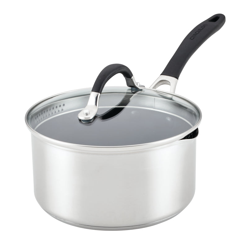 Circulon Stainless Steel Induction Saucepan with Straining Lid and SteelShield Hybrid Stainless and Nonstick Technology, 3-Quart, Silver