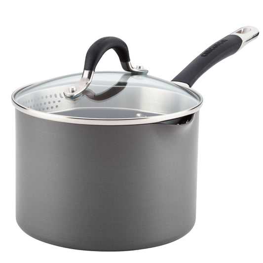 Circulon Momentum Hard-Anodized Nonstick Covered Straining Saucepan, 3-Quart, Gray