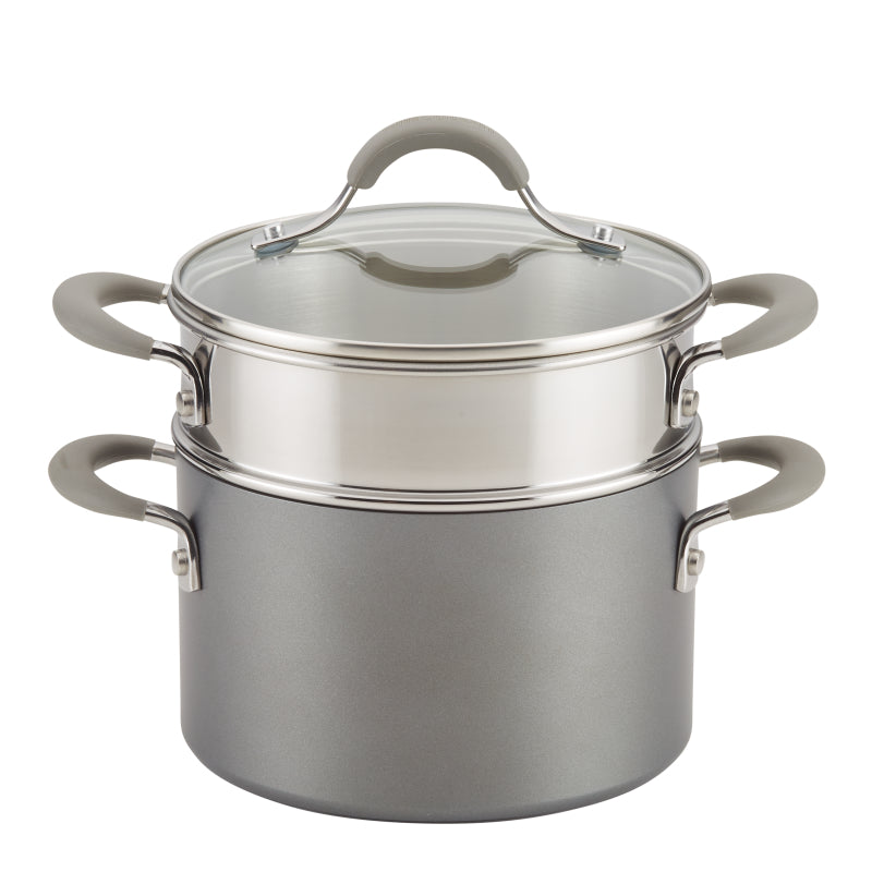 Circulon Elementum Hard-Anodized Nonstick Multipot Sauce Pot with Steamer Insert and Lid, 3-Quart, Oyster Gray