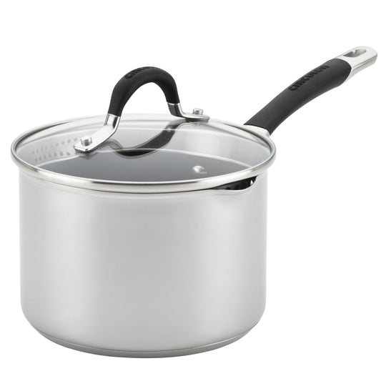 Circulon Momentum Stainless Steel Nonstick Straining Sauce Pan with Lid and Pour Spout, 3-Quart