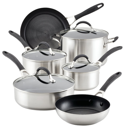 Circulon Stainless Steel Induction Cookware Set with SteelShield Hybrid Stainless and Nonstick Technology, 10-Piece, Silver