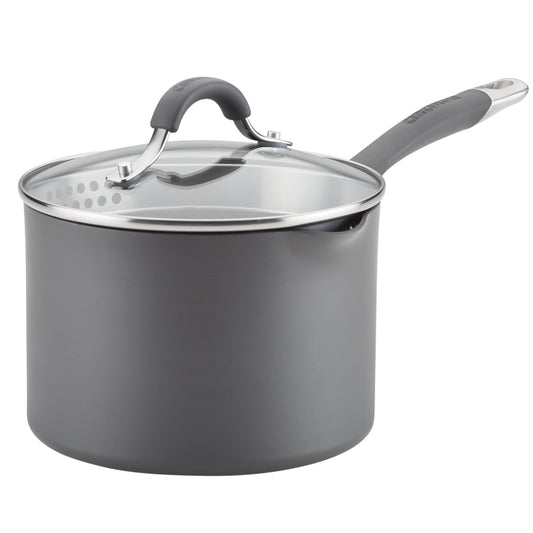 Circulon Radiance Hard-Anodized Nonstick Sauce Pan with Straining Lid, 3-Quart, Gray