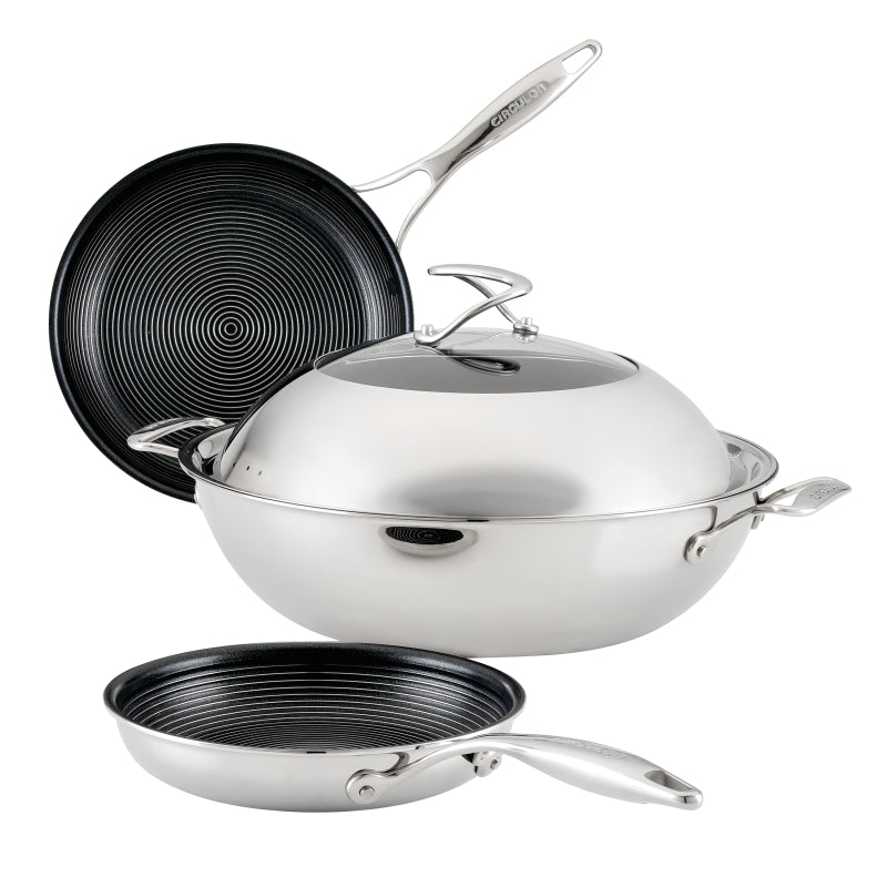 Circulon Clad Stainless Steel Induction Frying Pan and Wok Set with Hybrid SteelShield and Nonstick Technology, 4-Piece, Silver