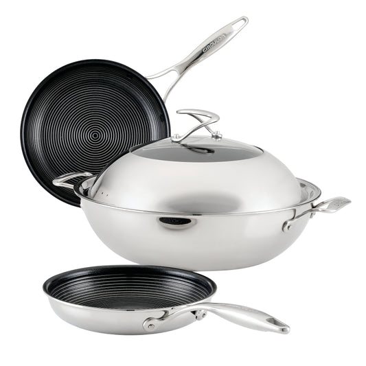 Circulon Clad Stainless Steel Induction Frying Pan and Wok Set with Hybrid SteelShield and Nonstick Technology, 4-Piece, Silver