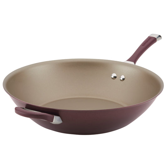 Circulon Symmetry Hard-Anodized Nonstick Induction Stir Fry Pan with Helper Handle, 14-Inch, Merlot