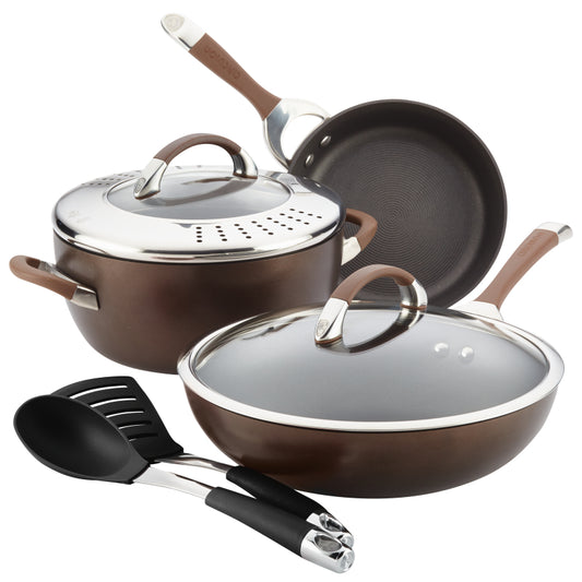 Circulon Symmetry Hard-Anodized Nonstick Cookware Induction Pots and Pans Set with Recipe Booklet and Utensils, 8-Piece, Chocolate