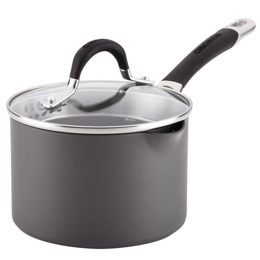 Circulon Momentum Hard-Anodized Nonstick 2-Quart Covered Straining Saucepan with Pour Spouts, Gray