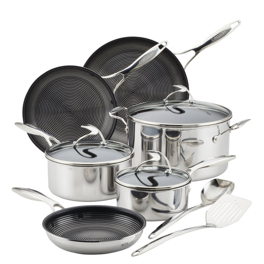Circulon Clad Stainless Steel Induction Cookware and Utensil Set with Hybrid SteelShield and Nonstick Technology, 11-Piece, Silver