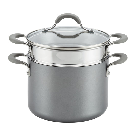 Circulon Elementum Hard-Anodized Nonstick Stockpot with Lid and Steamer Basket Insert, 5-Quart, Oyster Gray