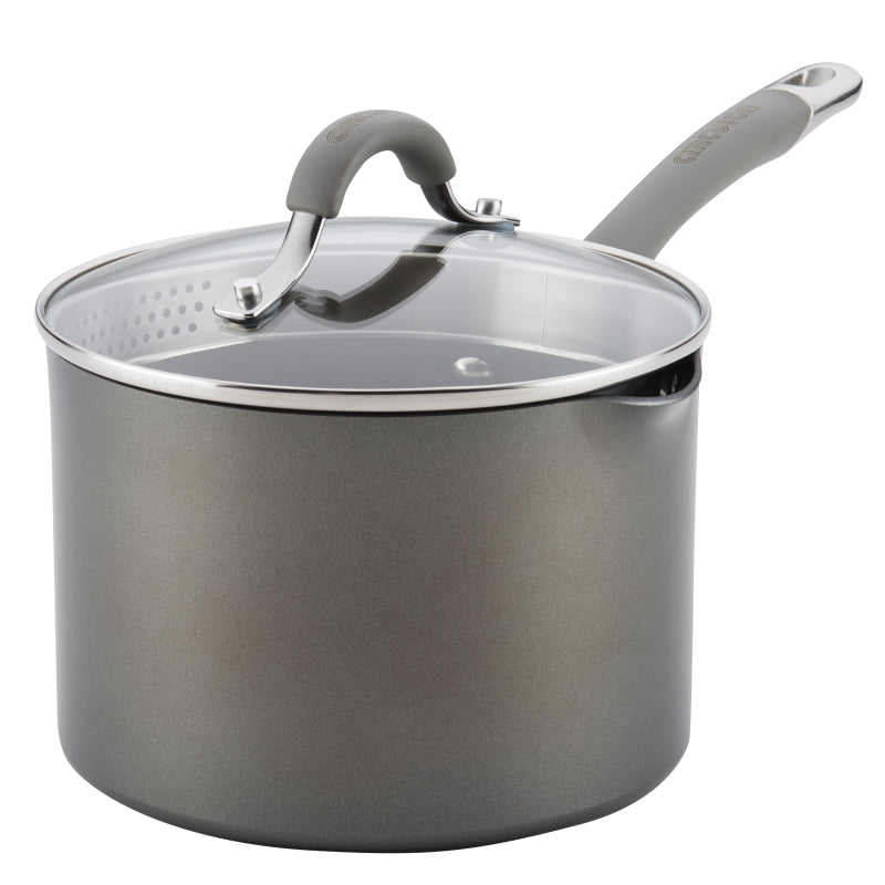 Circulon Elementum Hard-Anodized Nonstick Straining Sauce Pan with Lid, 3-Quart, Oyster Gray