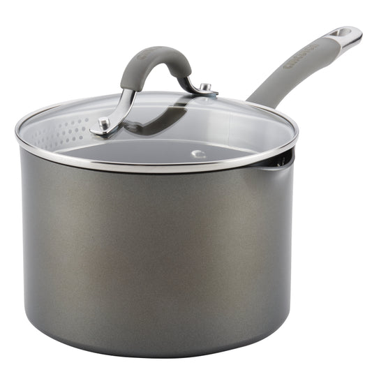Circulon Elementum Hard-Anodized Nonstick Straining Sauce Pan with Lid, 3-Quart, Oyster Gray