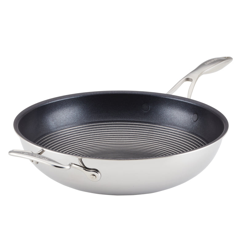 Circulon Clad Stainless Steel Induction Stir Fry Pan with Hybrid SteelShield and Nonstick Technology, 12.5-Inch, Silver