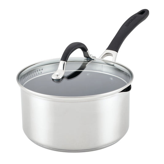 Circulon Stainless Steel Induction Saucepan with Straining Lid and SteelShield Hybrid Stainless and Nonstick Technology, 3-Quart, Silver