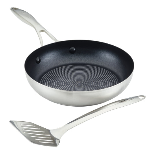 Circulon Stainless Steel Induction Frying Pan with SteelShield Hybrid Stainless and Nonstick Technology and Spatula, 9.5-Inch, Silver