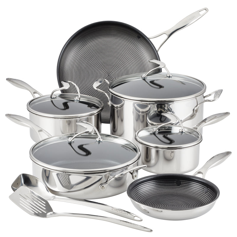 Circulon Clad Stainless Steel Induction Cookware and Utensil Set with Hybrid SteelShield and Nonstick Technology, 12-Piece, Silver