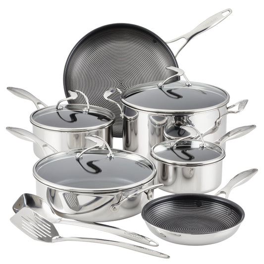 Circulon Clad Stainless Steel Induction Cookware and Utensil Set with Hybrid SteelShield and Nonstick Technology, 12-Piece, Silver
